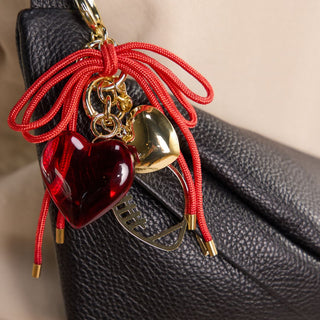 Red Heart & Cord Bag Charm - Nickel & Suede
