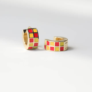 Red & Yellow Checkered Enamel Huggies - Nickel & Suede