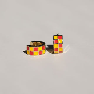 Red & Yellow Checkered Enamel Huggies - Nickel & Suede