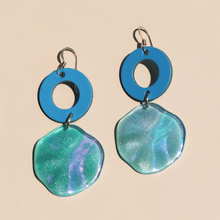 Seabreeze Rikki Irridescent Acrylic Disc Dangle Earrings - Nickel & Suede
