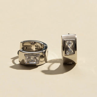 Silver Classic Baguette Bezel Huggies - Nickel & Suede