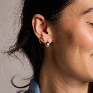 Silver Classic Baguette Bezel Huggies - Nickel & Suede