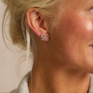 Silver Clear Crystal Bow Stud Earrings - Nickel & Suede