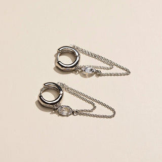 Silver CZ Bezel Chain Waterproof Huggie Earrings - Nickel & Suede
