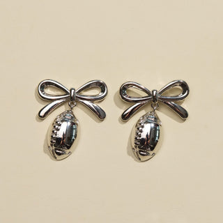 Silver Football & Bow Drop Studs - Nickel & Suede