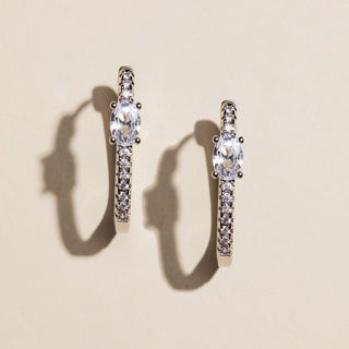 Silver Pavé Bezel Oval Waterproof Hoop Earrings - Nickel & Suede