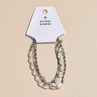 Silver Pearl Bracelet Stack Set - Nickel & Suede
