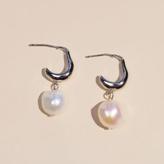Silver Pearl Drop Hoops - Nickel & Suede