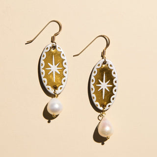 Gold Satin Mixed Metal Auden Pearl Drop Earrings - Nickel & Suede