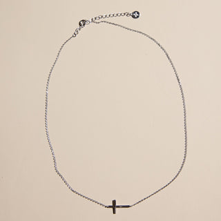 Silver Sideways Cross Necklace - Nickel & Suede