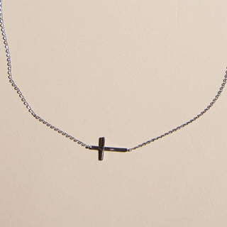 Silver Sideways Cross Necklace - Nickel & Suede