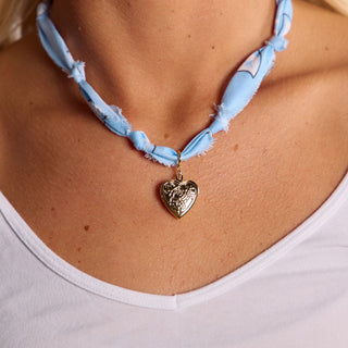 Sky Blue Bandana Charm Necklace - Nickel & Suede