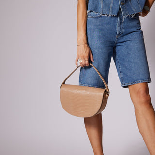 Sofie Saddle Bag in Iced Latte - Nickel & Suede