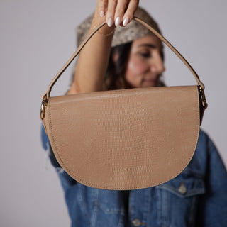 Sofie Saddle Bag in Iced Latte - Nickel & Suede