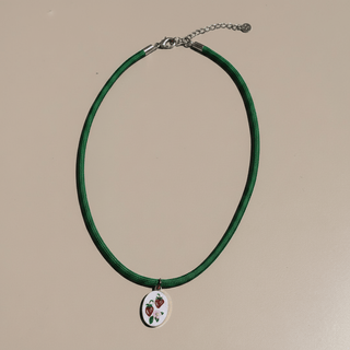 Strawberry Hand Painted Enamel Charm Necklace - Nickel & Suede