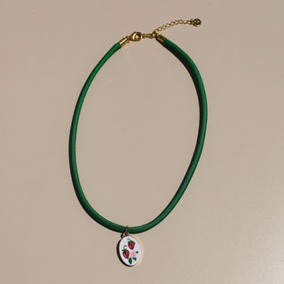 Strawberry Hand Painted Enamel Charm Necklace - Nickel & Suede