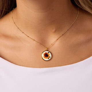 Sunflower Hand Painted Enamel Charm Necklace with Leather Cord - Nickel & Suede