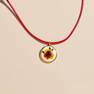 Sunflower Hand Painted Enamel Charm Necklace with Leather Cord - Nickel & Suede