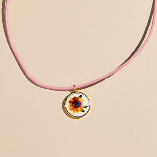 Sunflower Hand Painted Enamel Charm Necklace with Leather Cord - Nickel & Suede
