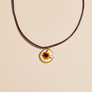Sunflower Hand Painted Enamel Charm Necklace with Leather Cord - Nickel & Suede