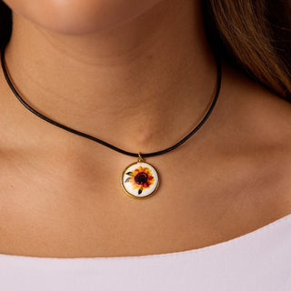 Sunflower Hand Painted Enamel Charm Necklace with Leather Cord - Nickel & Suede