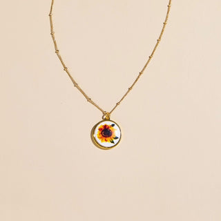 Sunflower Hand Painted Enamel Charm Necklace with Leather Cord - Nickel & Suede