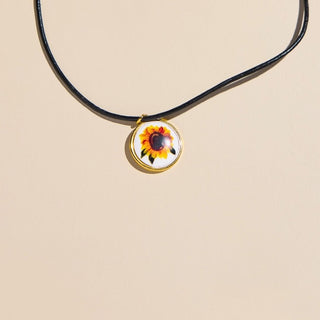 Sunflower Hand Painted Enamel Charm Necklace with Leather Cord - Nickel & Suede