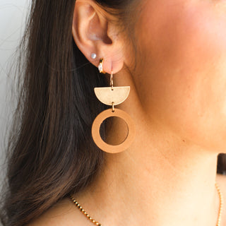 Tan Geometric Leather and Metal Drop Earrings - Nickel & Suede