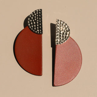 Terracotta Demi Half Circle Leather Statement Earrings - Nickel & Suede
