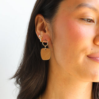 Vintage Bronze Geometric Drop Leather Earrings - Nickel & Suede