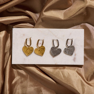 Vintage Silver Baroque Quinn Heart Huggie Earrings - Nickel & Suede