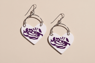 White LSU Tigers Eye Lover Heart Hoop Earrings - Nickel & Suede