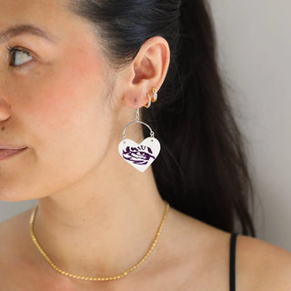 White LSU Tigers Eye Lover Heart Hoop Earrings - Nickel & Suede