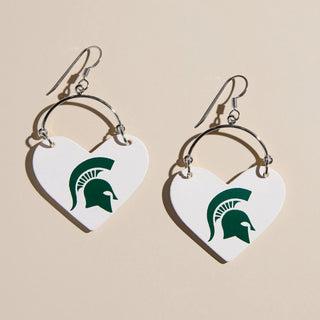 White Michigan State University Spartan Lover Heart Hoop Earrings - Nickel & Suede