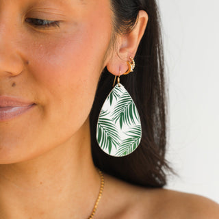 White Palm Teardrop Tropical Leather Earrings - Nickel & Suede
