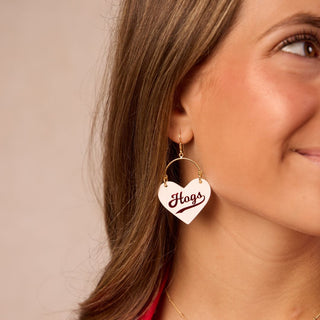 White University of Arkansas Hogs Lover Heart Hoop Earrings - Nickel & Suede