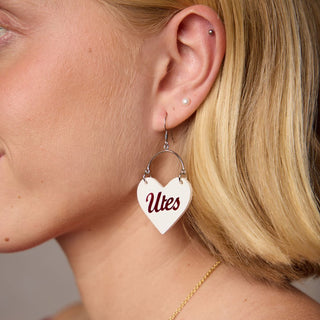 White University of Utah Utes Lover Heart Hoop Earrings - Nickel & Suede