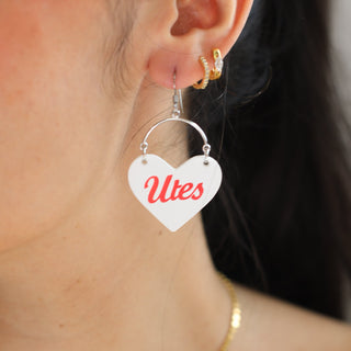 White University of Utah Utes Lover Heart Hoop Earrings - Nickel & Suede
