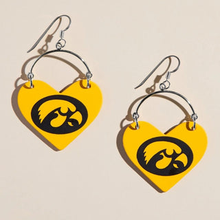 Yellow University of Iowa Hawkeye Lover Heart Leather Earrings - Nickel & Suede