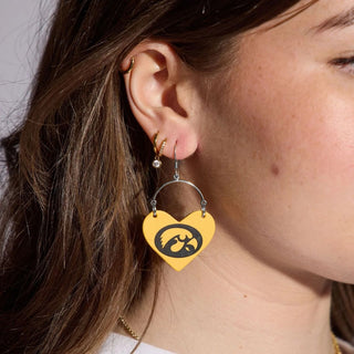 Yellow University of Iowa Hawkeye Lover Heart Leather Earrings - Nickel & Suede