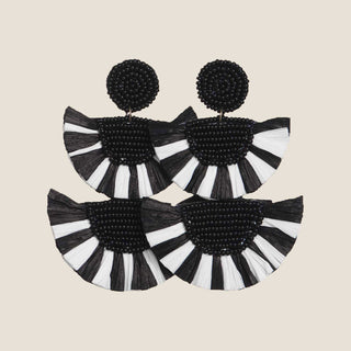 Black and White Raffia Statement Earrings - Nickel & Suede