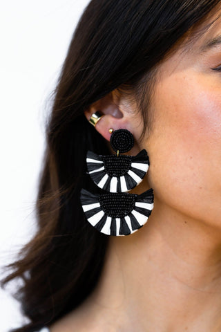 Black and White Raffia Statement Earrings - Nickel & Suede