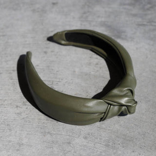 Olive Vegan Leather Knotted Headband - Nickel & Suede