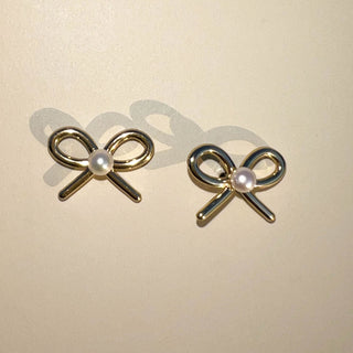 Gold Pearl Bow Stud Earrings - Nickel & Suede