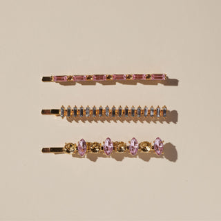 Pink and Classic Crystal Hair Pin Set - Nickel & Suede